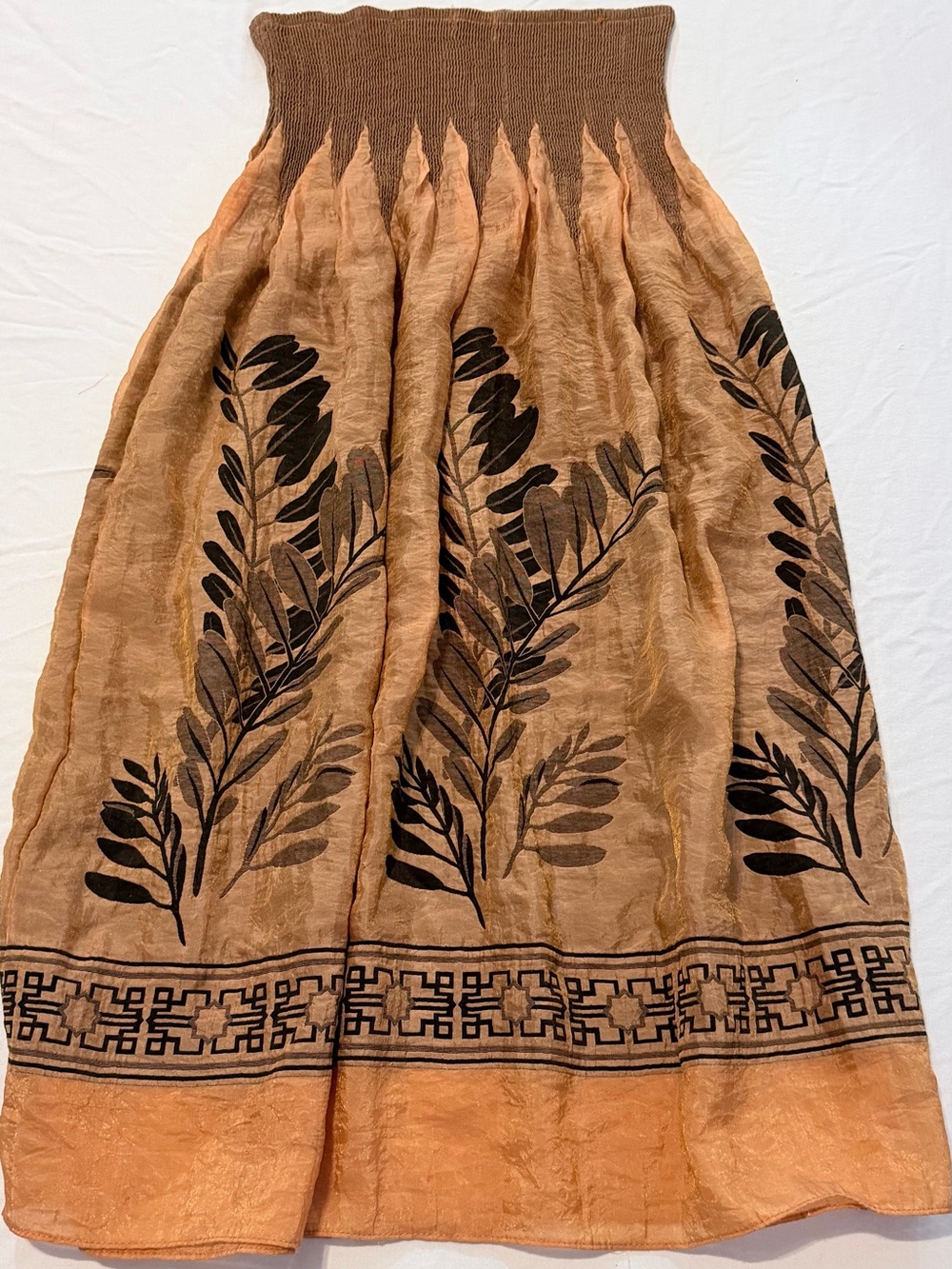 Boho Sheer Lined Embroidered Brown/Black Floral Maxi Skirt S Elastic Waist Fall